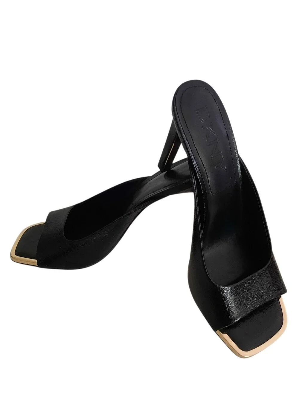 New DKNY Arleen Black Vegan Leather Open-Toe High Heel Mules w/Gold Trim Sz 10M